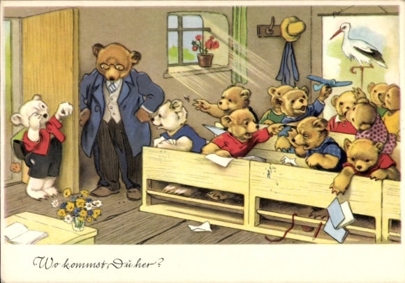 Künstler Ak Baumgarten, Fritz, Wo kommst du her, Bärenkinder im Klassenzimmer, Storch