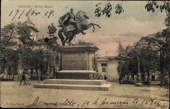 Ak Caracas Venezuela, Reiterstatue, Bolivar Square,  Text auf Spanisch