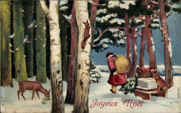 Präge Ak Glückwunsch Weihnachten, Weihnachtsmann, Schlitten, Waldtiere, Reh, Eichhörnchen