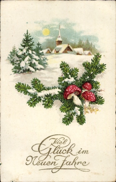 Litho Glückwunsch Neujahr, Kirche, Fliegenpilze