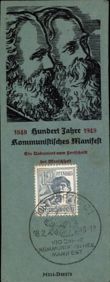 Ak Hundert Jahre Kommunistisches Manifest 1848 - 1948, Stempel Leipzig