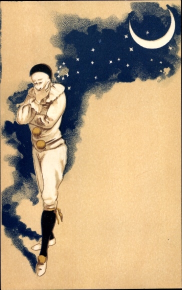 Ak Pierrot in Kostüm, Mond, Himmel mit Sternen
