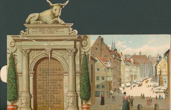 Mechanische Klapp Ak Nürnberg, Markt, Wappen, Portal an der Fleischbrücke, Stier