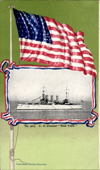 Passepartout Ak US-Amerikanisches Kriegsschiff USS New York, Kreuzer, Flagge