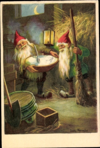 Künstler Ak Nyström, Jenny, Frohe Weihnachten, Zwerge mit Breischüssel, Laterne, Besen