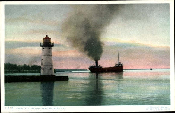 Ak Sault Sainte-Marie Michigan USA, Sonnenuntergang im oberen Licht