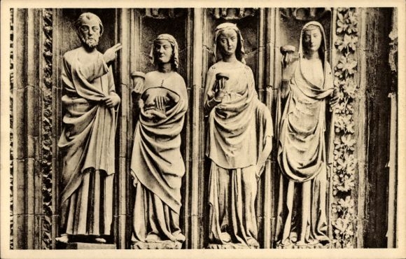 Ak Strasbourg Straßburg Elsass Bas Rhin, Skulpturen, vier Frauenfiguren, Straßburger Münster, Kun