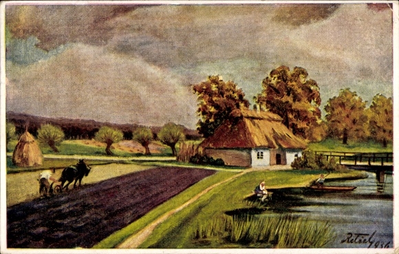 Künstler Ak Dorfmotiv, Pferdepflug