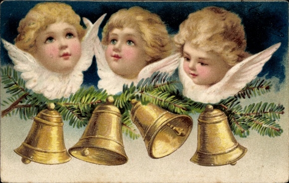 Präge Ak Engel, Glocken, Tannenzweige