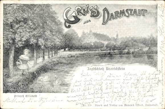 Ak Kranichstein Darmstadt in Hessen, Gruss aus  Jagdschloß Kranichstein, Mädchen mit Schwänen