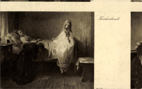 Künstler Ak Kränkenbesuch, Kranker Junge im Bett, Geigenspielerin