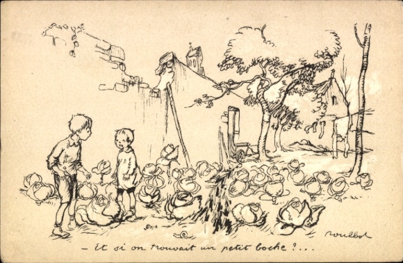 Künstler Ak Poulbot, F., Kinder im Garten, Mauer, Gemüse