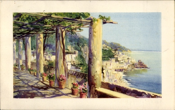 Ak Amalfi Campania, Aussicht auf  Terrasse, Blumen, Küstenlandschaft