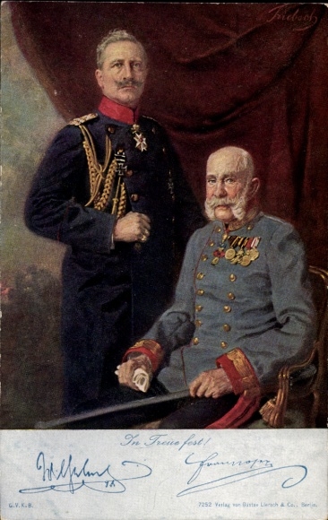 Künstler Ak Kaiser Wilhelm II., Kaiser Franz Joseph I., In Treue fest