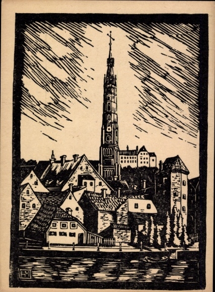 Künstler Ak Hamm, Jos., Landshut in Niederbayern, Röcklturm, Martinskirche, Linolschnitt