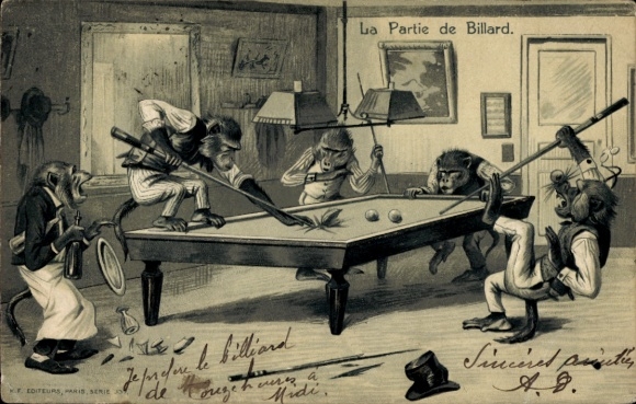Präge Ak Billard, Affen spielen Billard im Cafe, Kellner, Queue