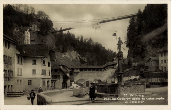 CPA Fribourg Ville de Fribourg Suisse, Pont du Gotteron après la catastrophe du 9 mai 1919