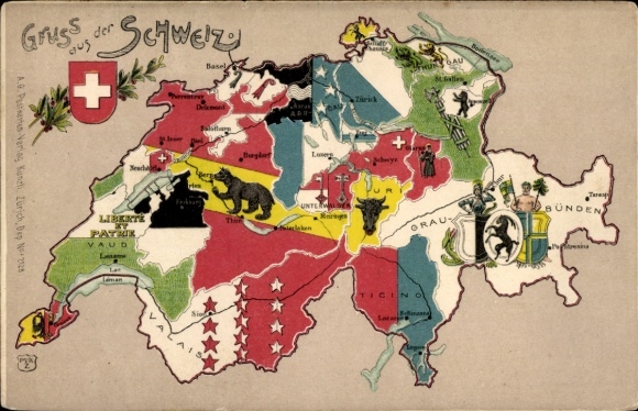 Landkarten Litho Schweiz, Basel, Zürich, Graubünden, Vaud, Wappen
