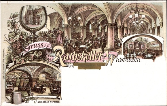Litho Wiesbaden in Hessen, Gasthaus Ratskeller, Innenansicht, Weingroßhandlung