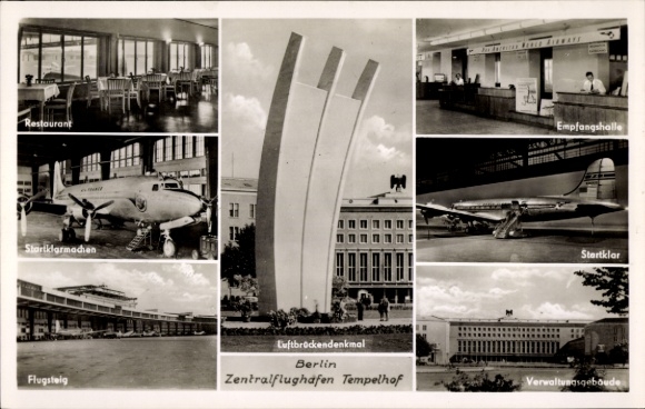 Ak Berlin Tempelhof, Zentralflughafen, Luftbrückendenkmal, Flugsteig, Restaurant, Flugzeuge
