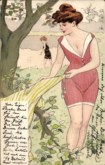 Ak Frau in gestreiftem Badeanzug