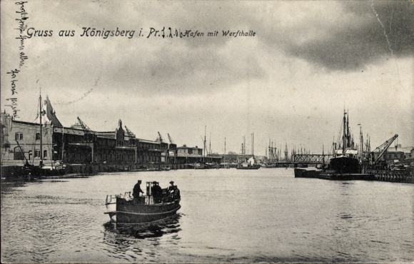 Ak Kaliningrad Königsberg Ostpreußen, Hafenansicht, Boote, Werfthalle, Königsberg