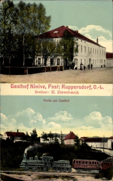 Ak Ruppersdorf Herrnhut in der Oberlausitz, Gasthof Ninive, Dampflok, Fotomontage
