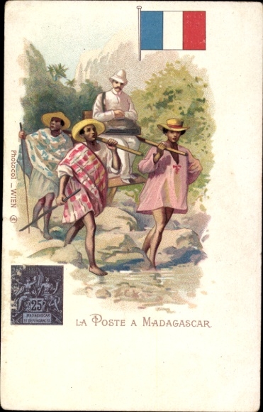 Briefmarken Litho Die Post auf Madagaskar, Postbote, Sänfte