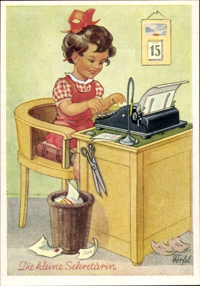 Künstler Ak Dörfel, Kleine Sekretärin, Mädchen am Schreibtisch, Schreibmaschine