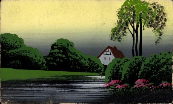 Handgemalt Ak Wohnhaus, Fluss, Bäume