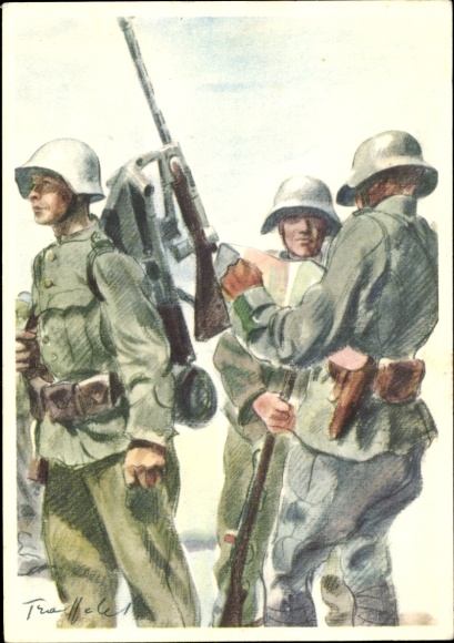 Künstler Ak Schweizer Armee, Lafettiertes LMG, Soldaten