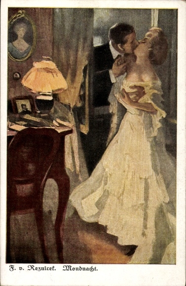 Jugendstil Künstler Ak Reznicek, Ferdinand von, Mondnacht, Liebespaar, Kuss