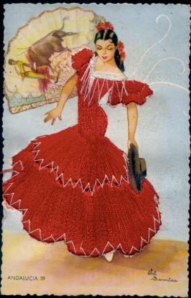 Seidenstick Künstler Ak Andalusien, Frau in rotem Kleid, Tänzerin, Stierkampf