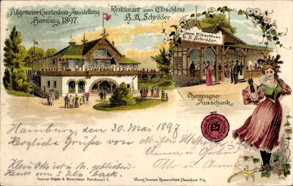 Litho Hamburg, Allgemeine Gartenbau Ausstellung 1897, Restaurant zum Elbschloss
