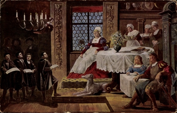 Künstler Ak Weiß, Eisenach, Wartburg, Luther als Kurrendeschüler vor Frau Cotta singend