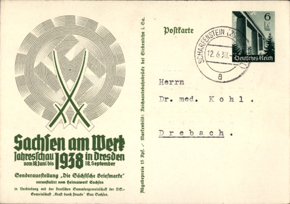 Ganzsachen Ak Dresden, Sachsen am Werk Jahresschau 1938, Sächsische Briefmarke