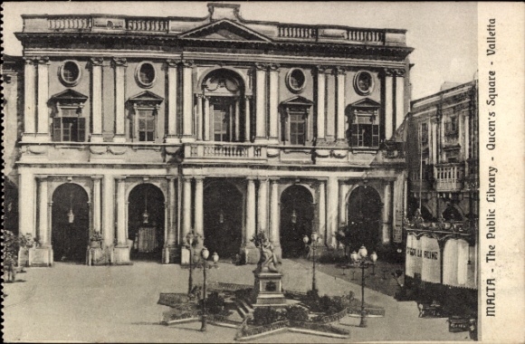 Ak Valletta Malta, Malta, Öffentliche Bibliothek, Queens Square, Valletta