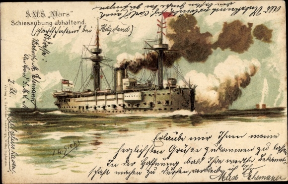 Künstler Litho Siehl, Deutsches Kriegsschiff, SMS Mars, Kreuzerkorvette, Schießübung