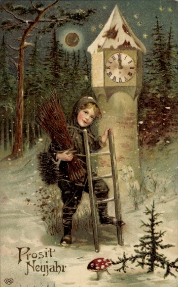 Präge Ak Glückwunsch Neujahr, Schornsteinfeger, Uhr, Fliegenpilz, EAS