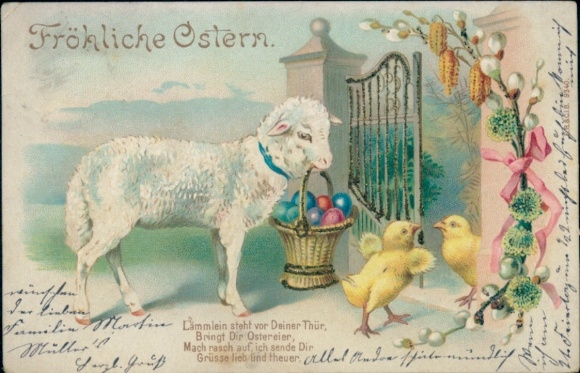 Glitzer Ak Glückwunsch Ostern, Küken, Lamm