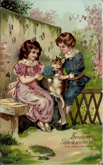 Glitzer Ak Herzliche Glückwünsche zum Geburtstag, Kinder, Katze