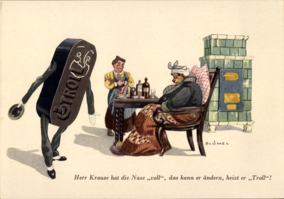 Künstler Ak Blümel, Reklame, Brikett Troll, Herr Krause hat die Nase voll, Kachelofen, Kohlebrikett