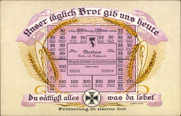 Ak Unser täglich Brot gib uns heute, Du sättigst alles was da lebet, Brotkarte, Kornähren