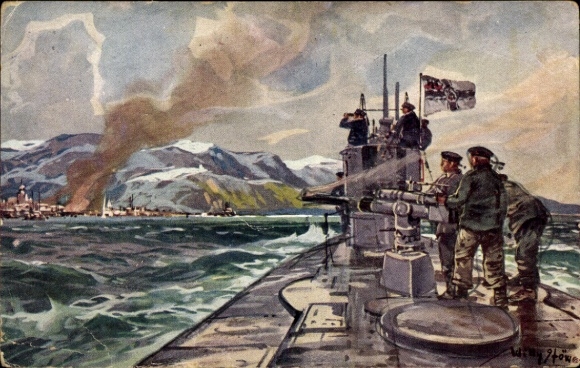 Künstler Ak Willy Stöwer, Deutsches U Boot im Eismeer, Beschießung von Alexandrowsk, U Boot Spende