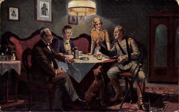 Künstler Ak W. Ebbinghaus, Aus großer Zeit, verwundeter Soldat erzählt in der Heimat