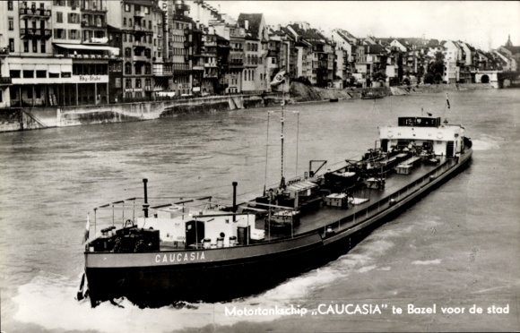 Ak Motortankschiff Caucasia, vor Basel, PHs. Van Ommeren NV: