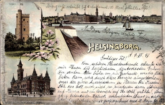 Litho Helsingborg Schweden, Kärnan, Rathaus, Totalansicht