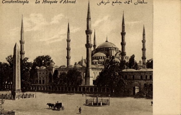 Ak Konstantinopel Istanbul Türkei, Moschee, Minarette, Obelisk, Pferdewagen, Bäume