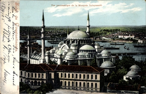 Ak Konstantinopel Istanbul Türkei, Panoramablick auf die Moschee Suleymanié, Schiffe im Wasser, g