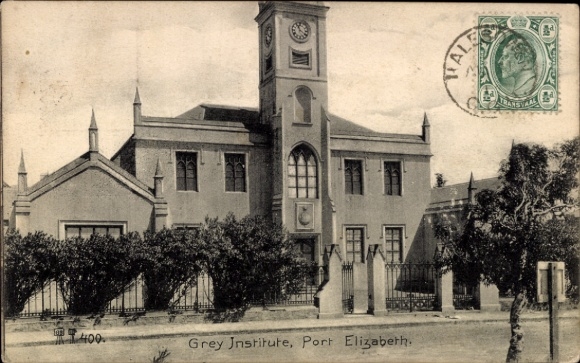 Ak Port Elizabeth Südafrika, Grey Institute,  Uhrturm, Zaun, Bäume